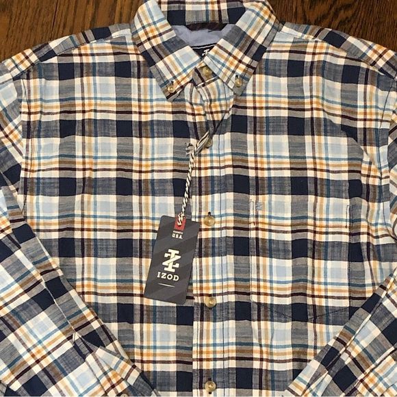 IZOD Men’s Blue Tan Brown Plaid Long Sleeve Button Down Shirt Sz Small NWT - Picture 3 of 6